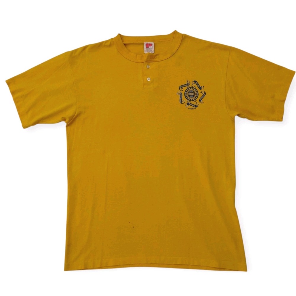 Vintage 90s Henley Shirt Men XL/L Yellow Single Stitch UAW Local 863 Union Auto